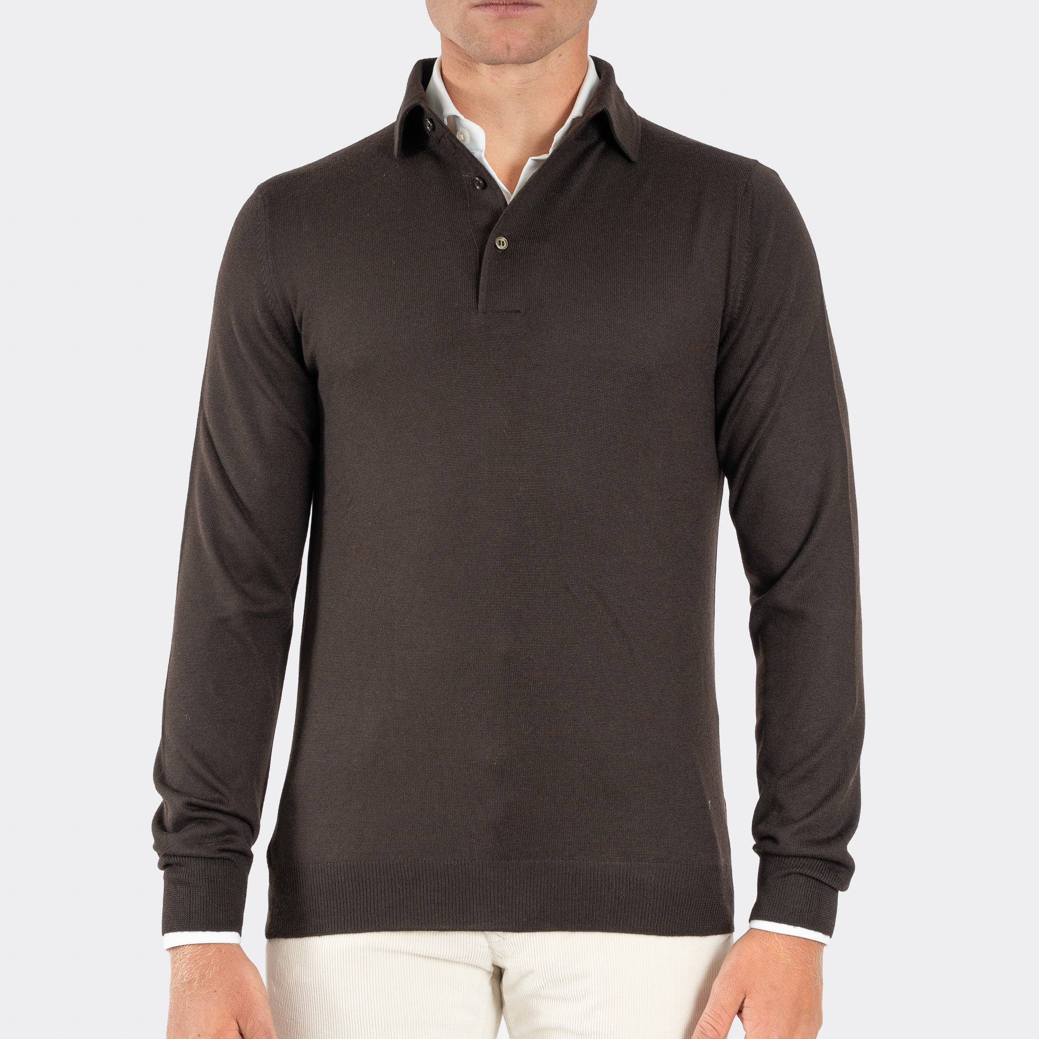 Gran Sasso Gebreide Polo Lange Mouw Donkerbruin | Extrafine Merino