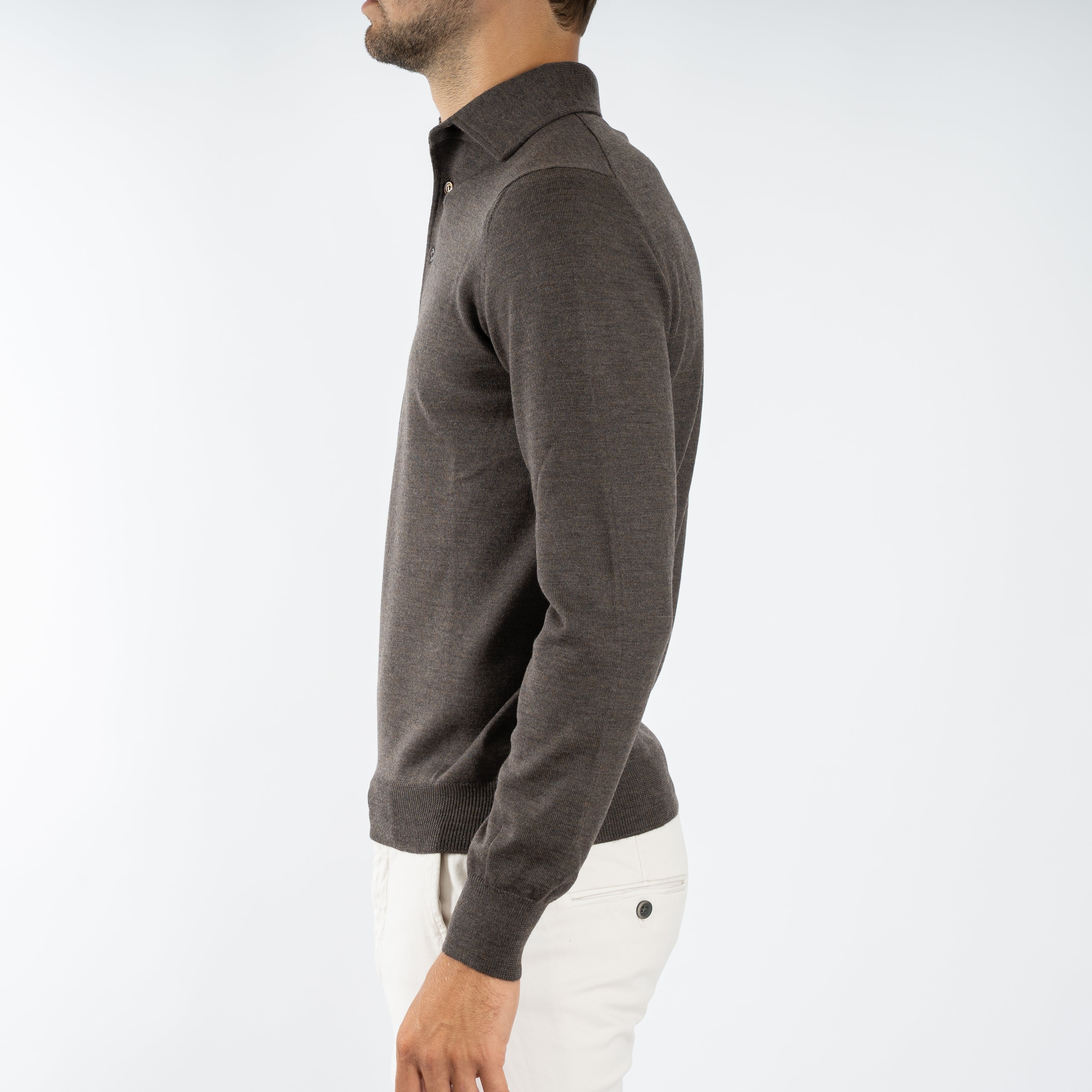 Gran Sasso Gebreide Polo Lange Mouw Bruin | Extrafine Merino