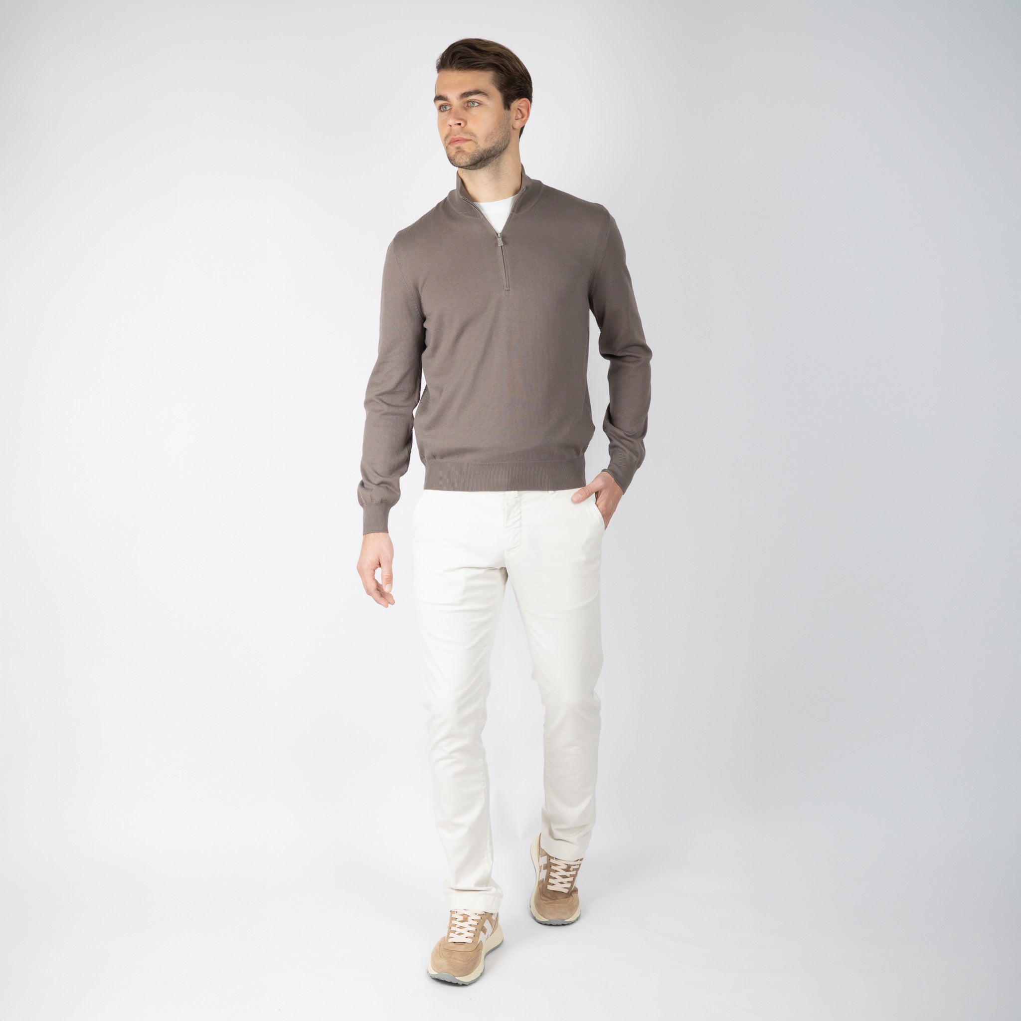 Gran Sasso Gebreide Trui met Rits Taupe | Egyptian Cotton