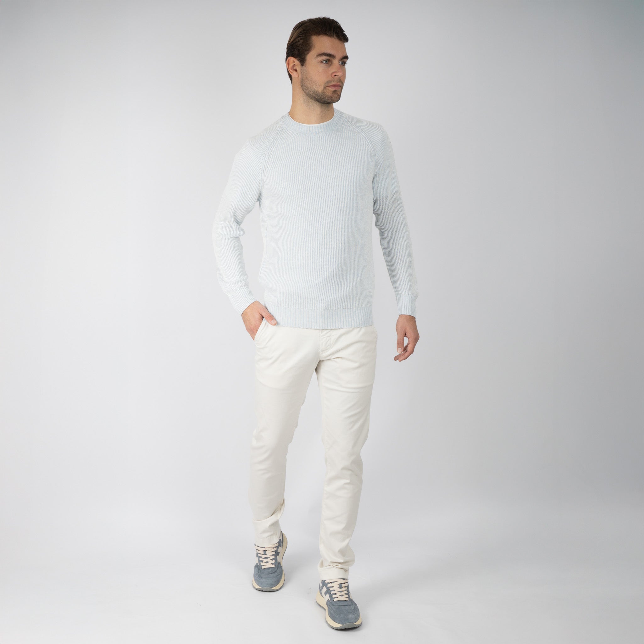 Gran Sasso Gebreide Trui Ronde Hals Lichtblauw | Lino - Cotone