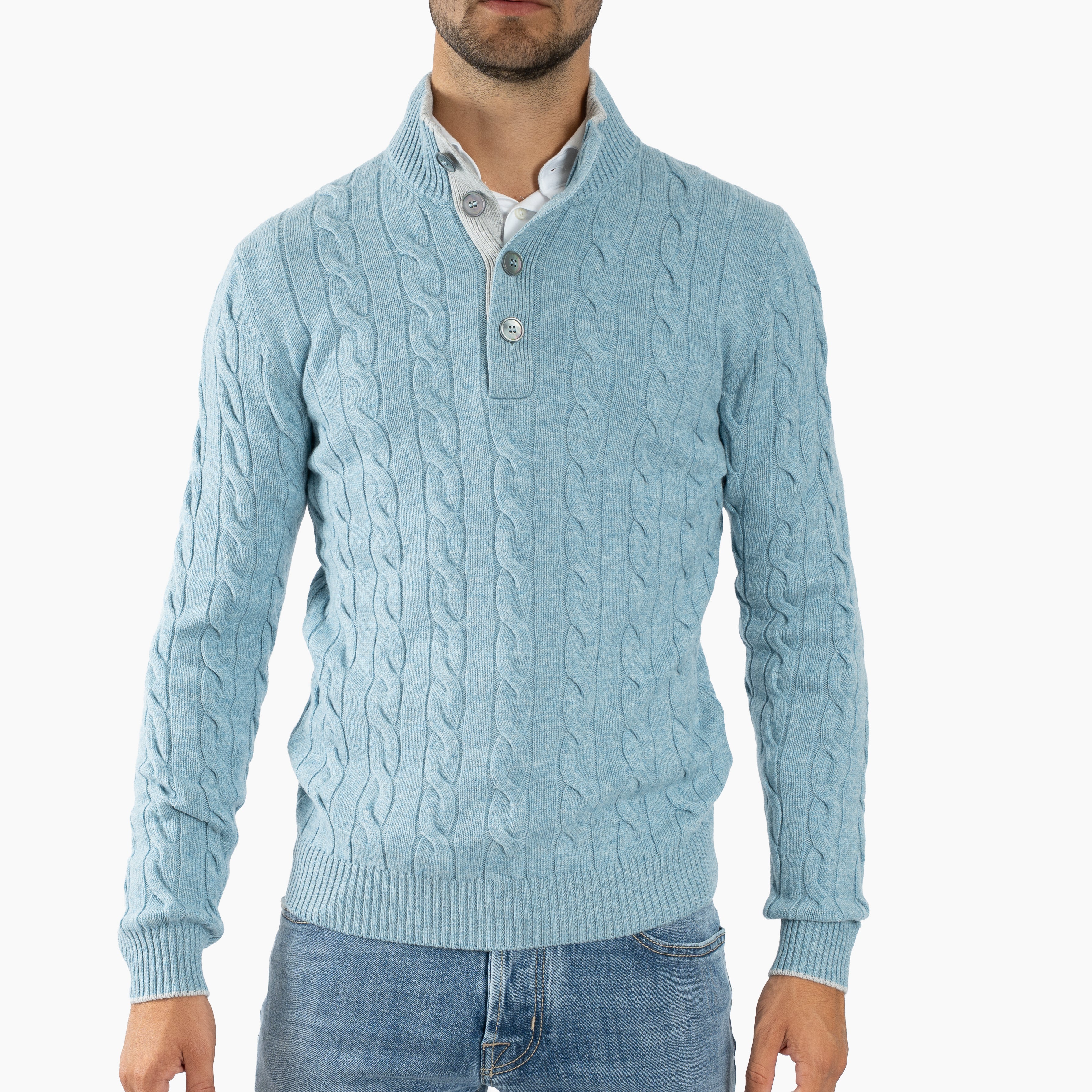 Gran Sasso Gebreide Trui met Knopenlijst Lichtblauw | Cashmere Lana
