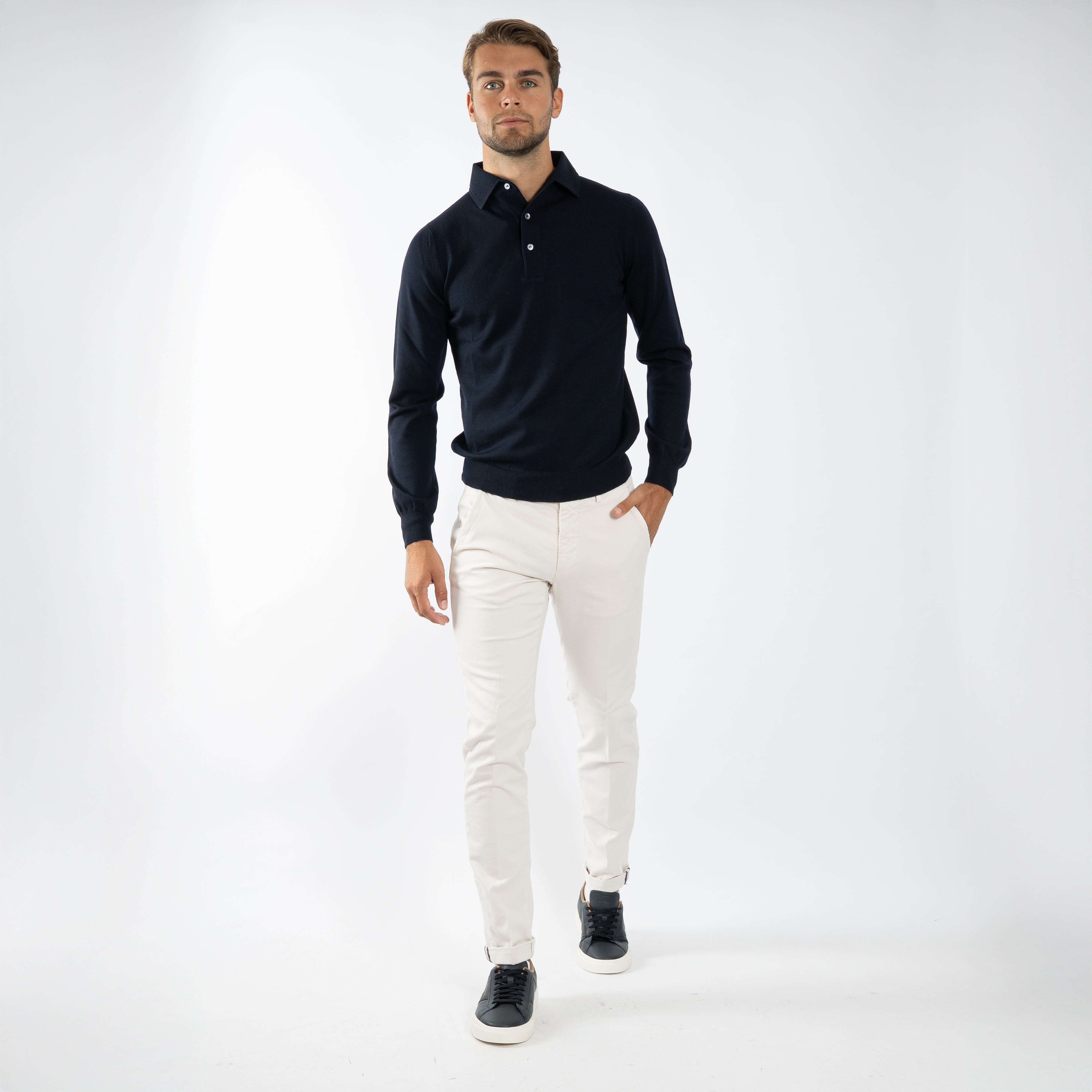 Gran Sasso Gebreide Polo Lange Mouw Donkerblauw | Extrafine Merino