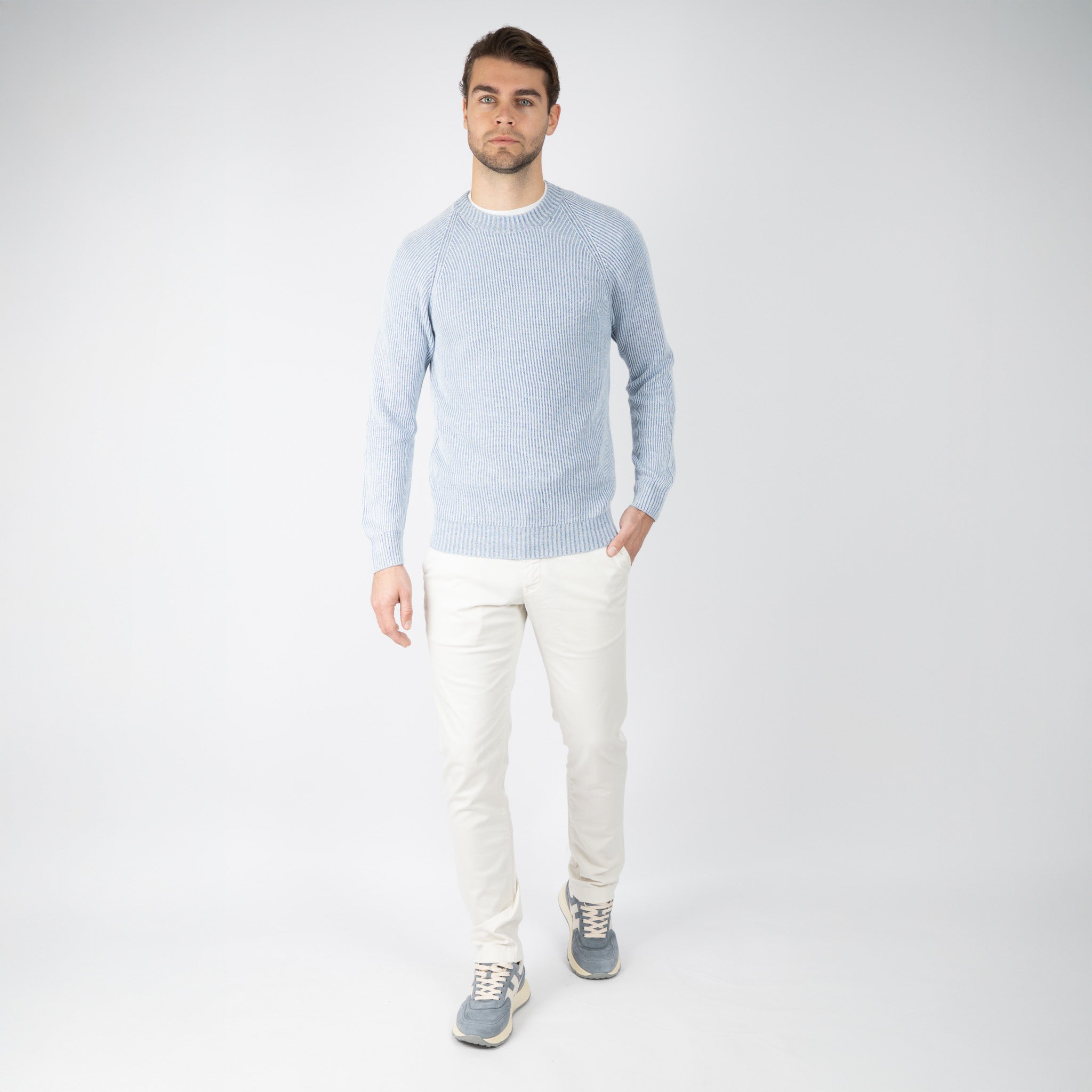 Gran Sasso Gebreide Trui Ronde Hals Middenblauw | Lino - Cotone