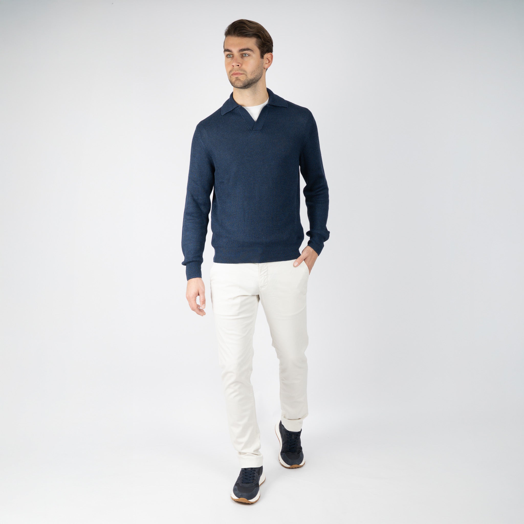 Gran Sasso Gebreide Trui Buttonless Polokraag Blauw | Lino-Cotone