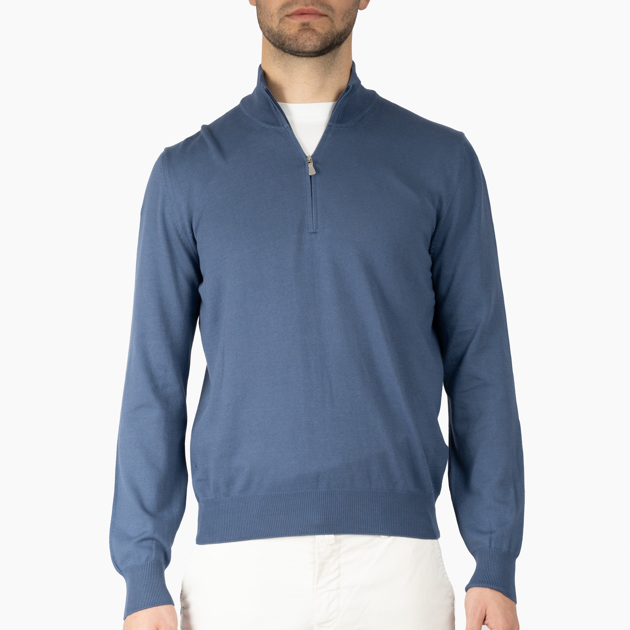 Gran Sasso Gebreide Trui met Rits Middenblauw | Egyptian Cotton