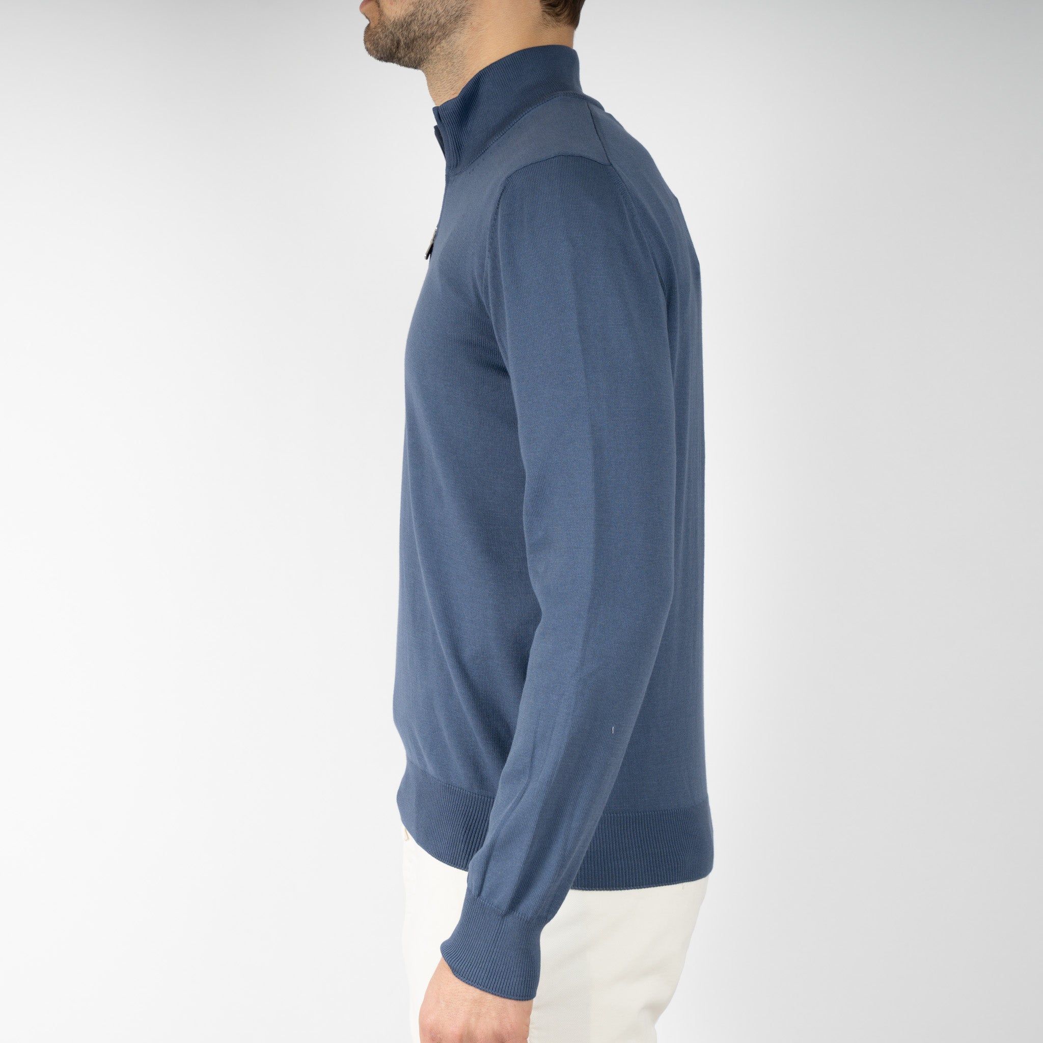 Gran Sasso Gebreide Trui met Rits Middenblauw | Egyptian Cotton