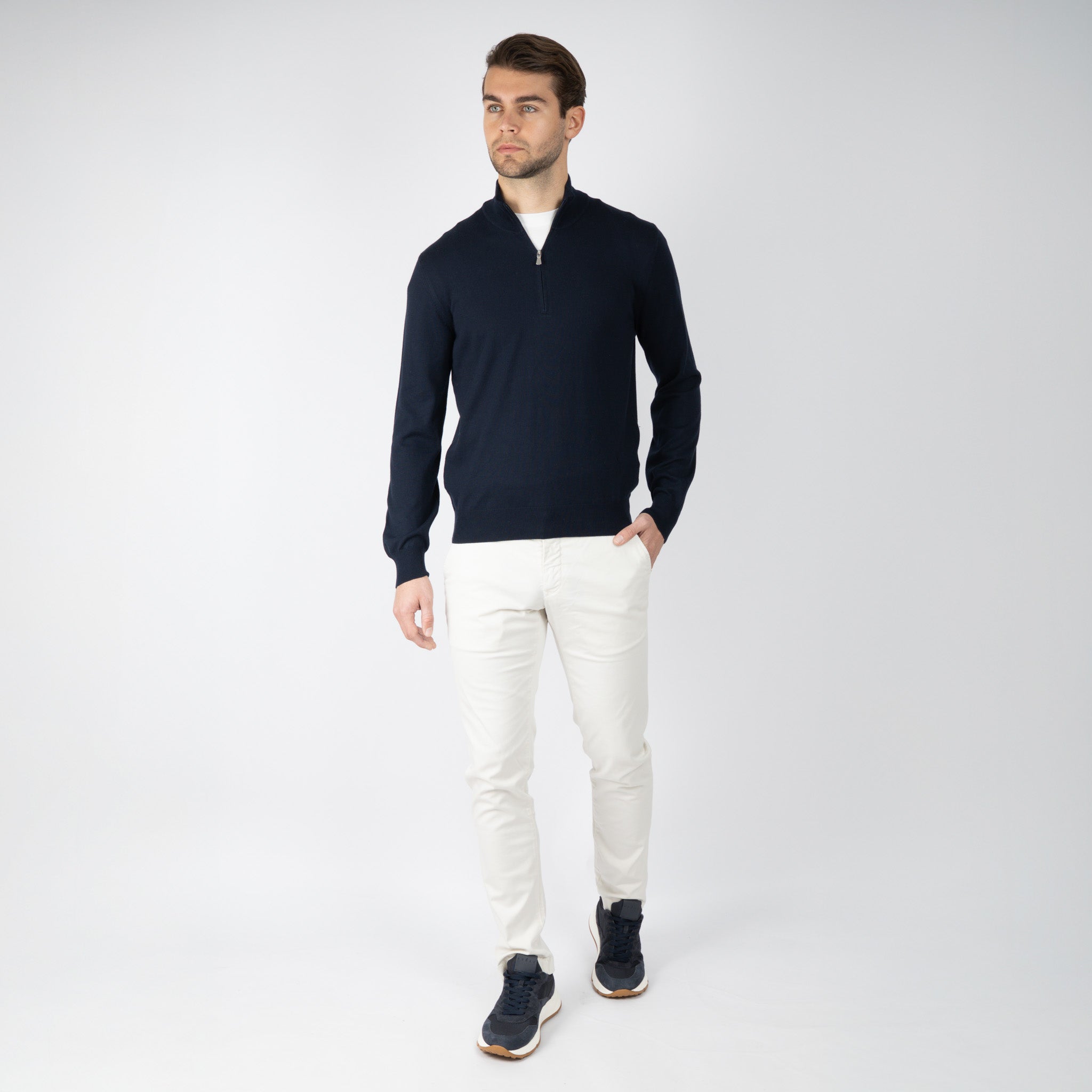 Gran Sasso Gebreide Trui met Rits Donkerblauw | Egyptian Cotton