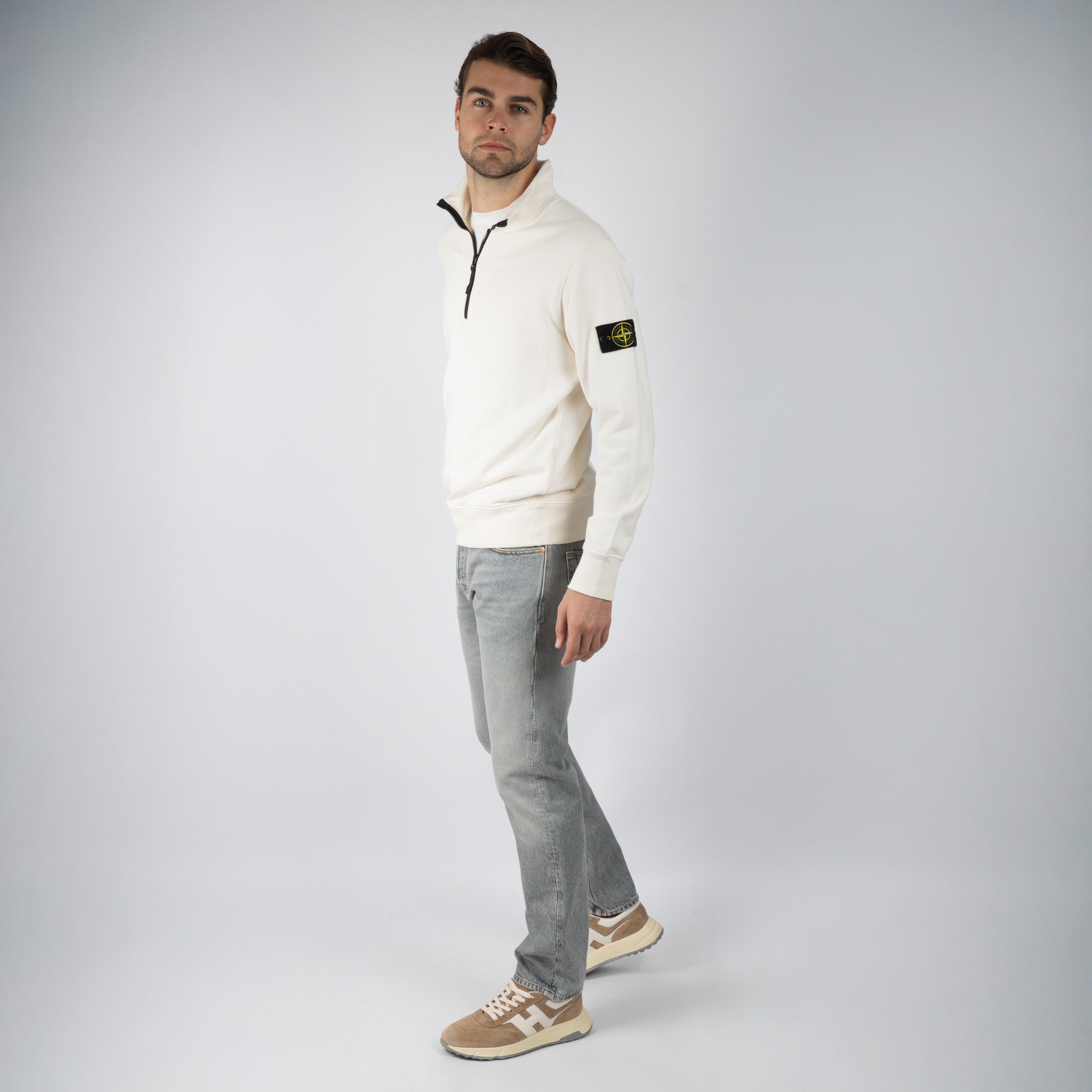 Stone Island Sweater met Rits Crème | Cotton Fleece