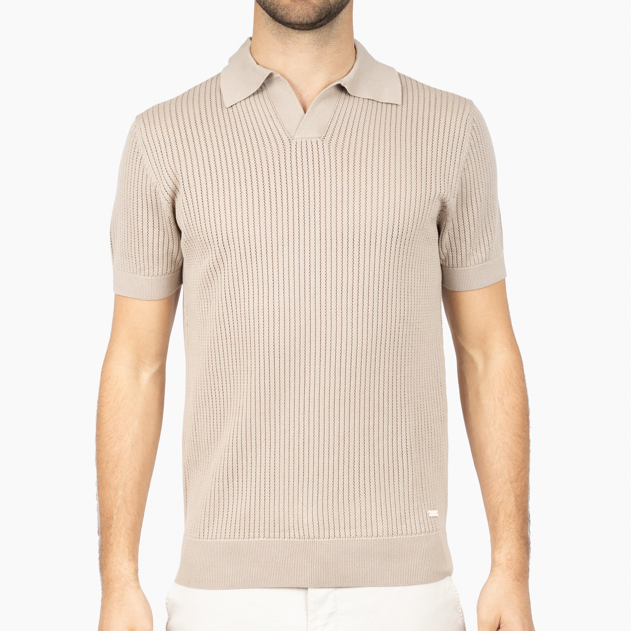 SEVEN DIALS Gebreide Buttonless Polo Zand | Bennet