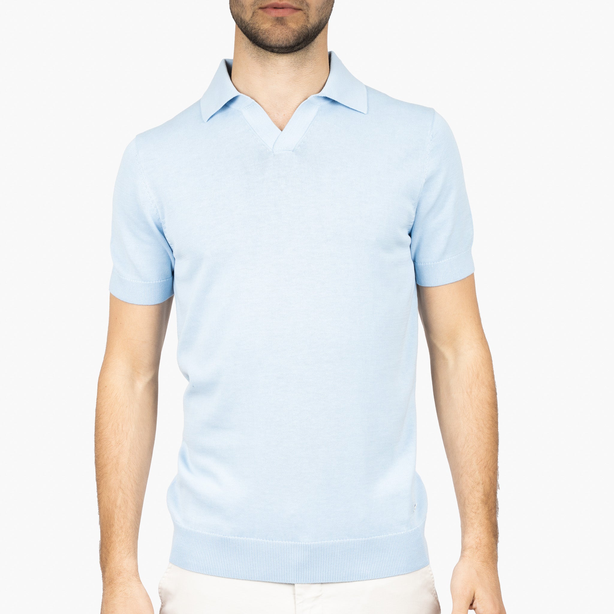 SEVEN DIALS Gebreide Buttonless Polo Lichtblauw | Dyche