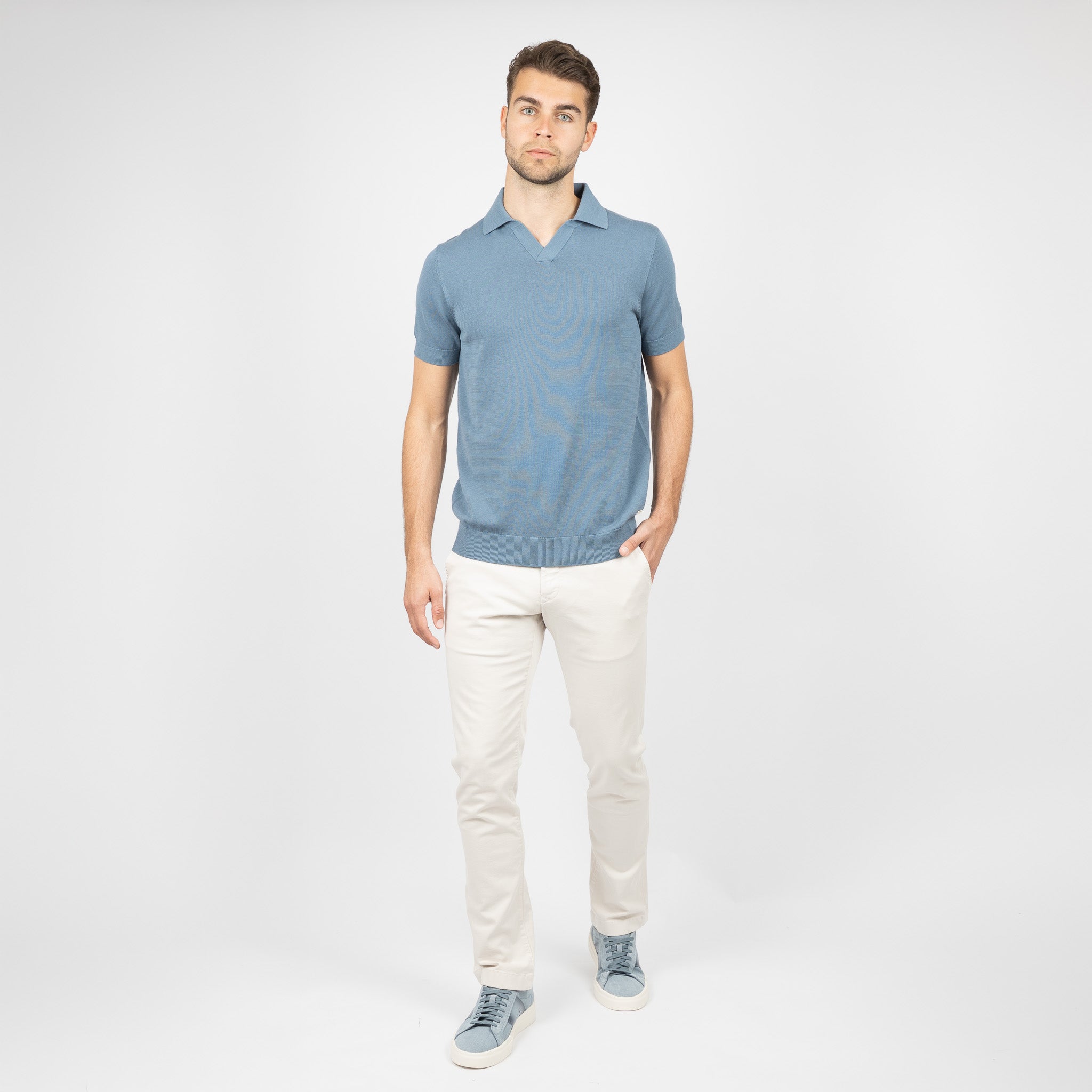 SEVEN DIALS Gebreide Buttonless Polo Staalblauw | Dyche