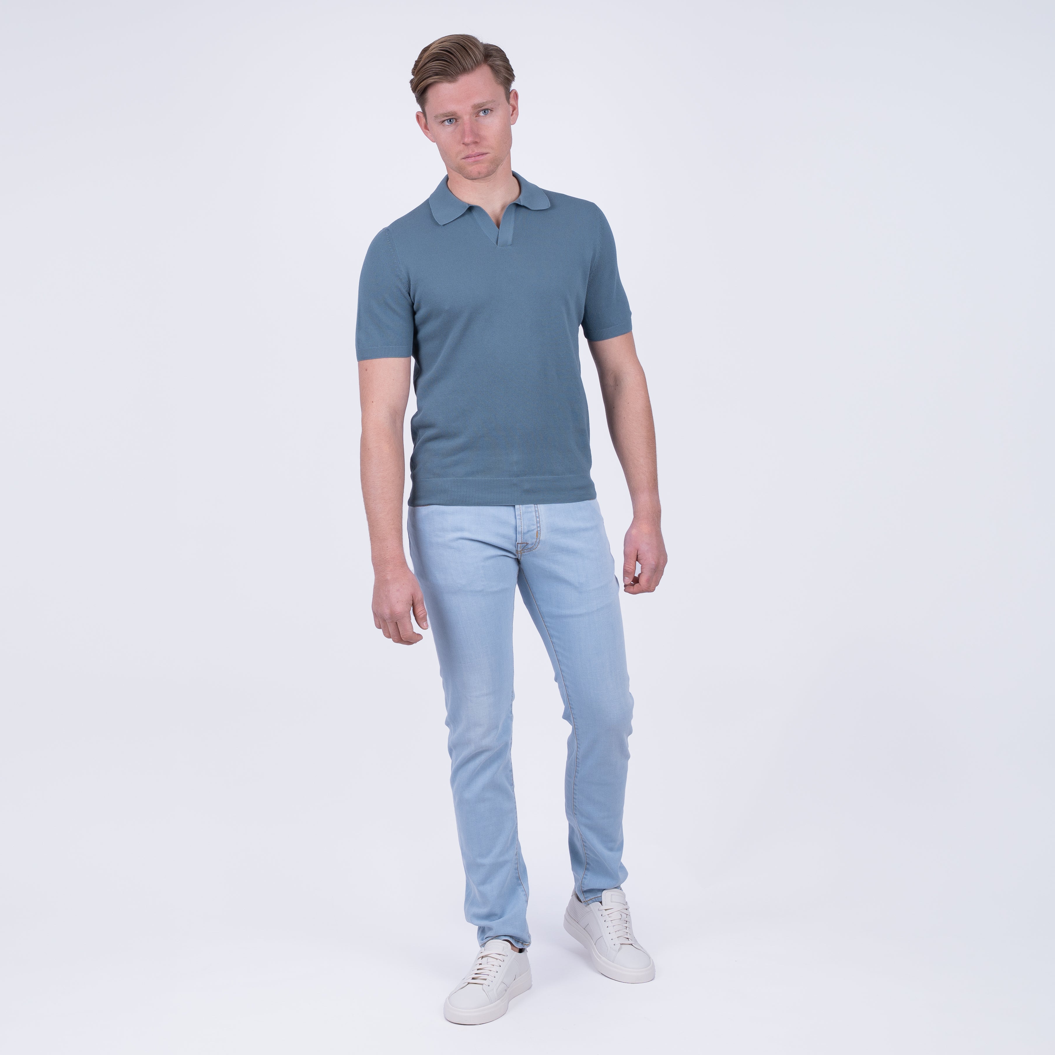 Gran Sasso Polo Buttonless Kraag Staalblauw | Fresh Cotton