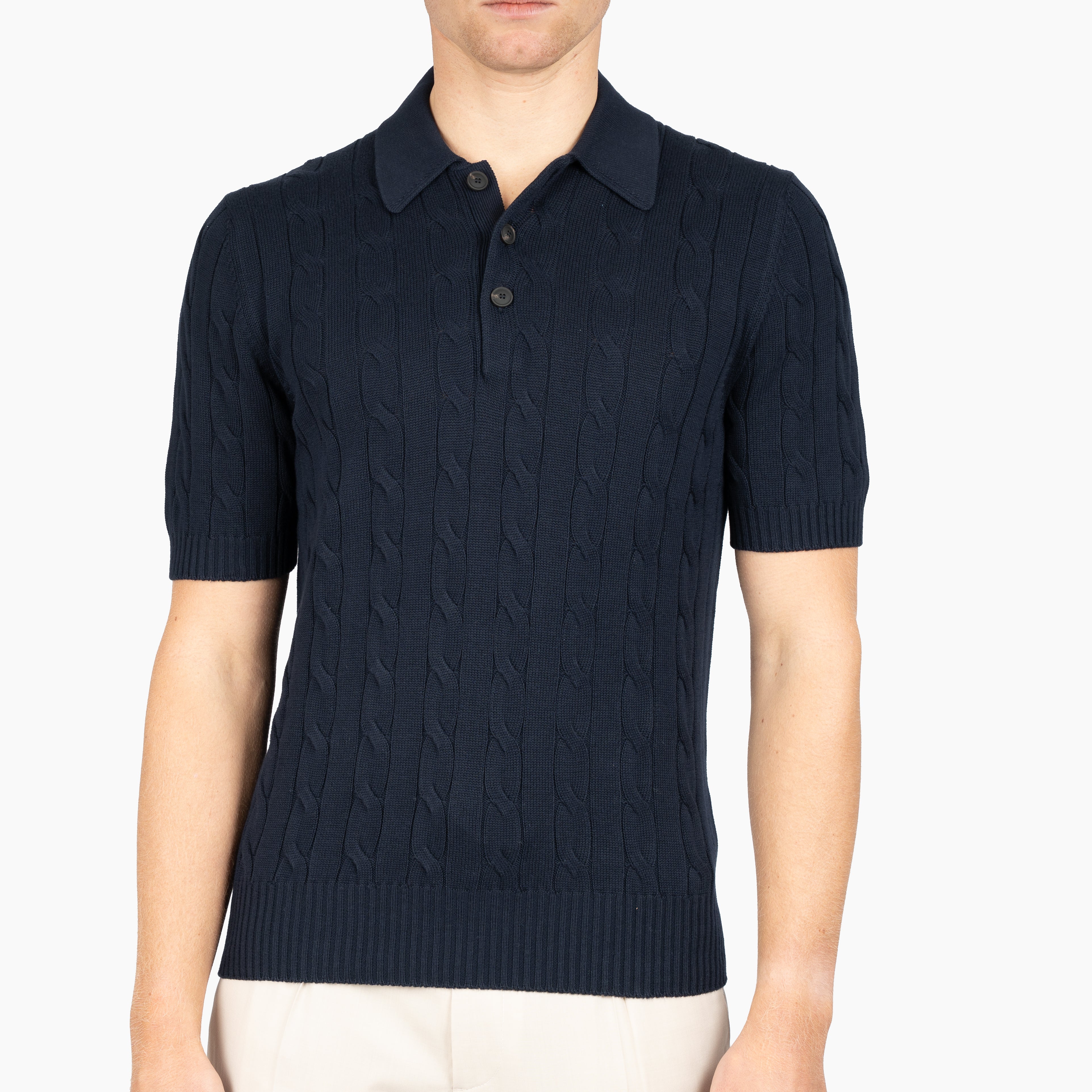 Gran Sasso Gebreide Kabel Polo Donkerblauw | Egyptian Cotton