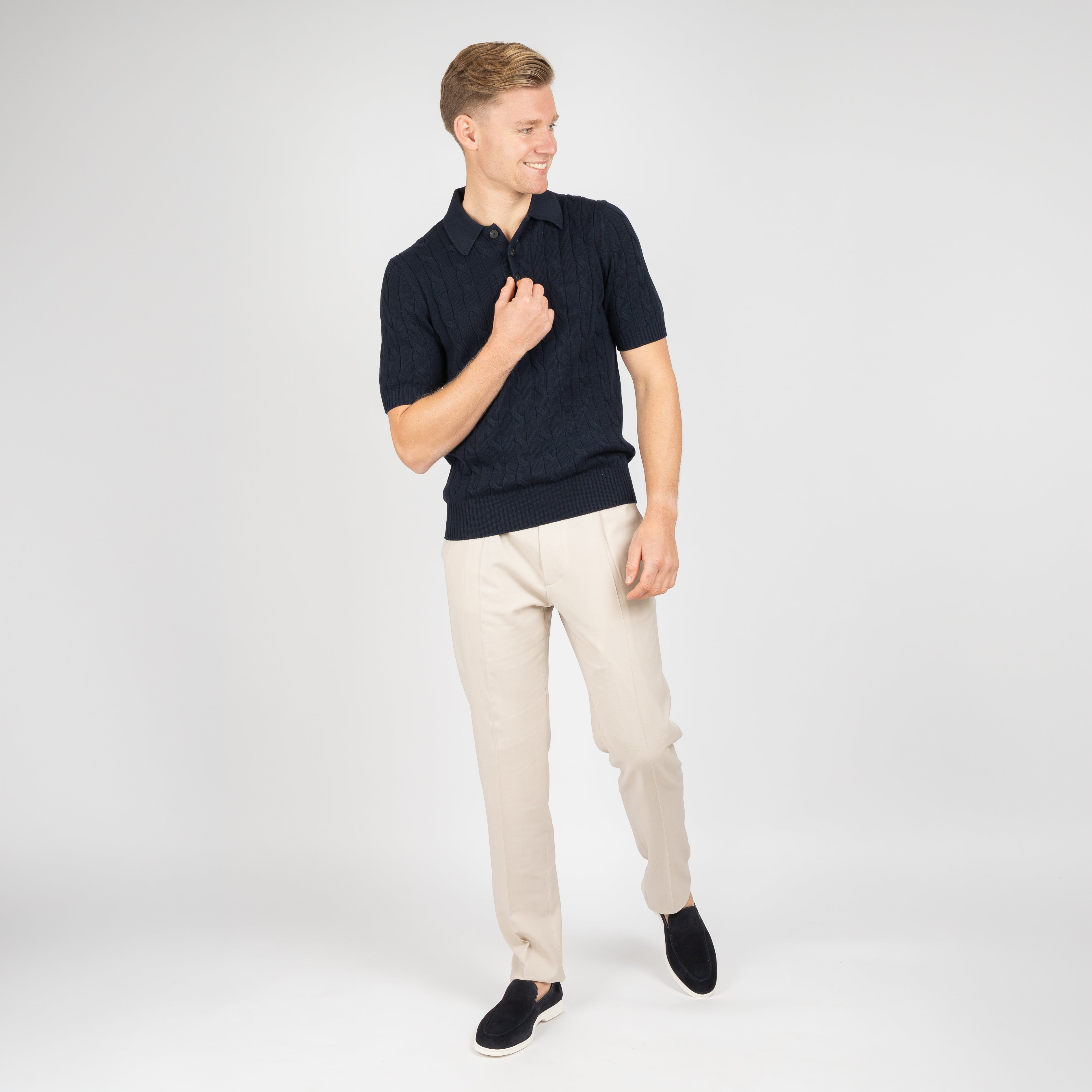 Gran Sasso Gebreide Kabel Polo Donkerblauw | Egyptian Cotton