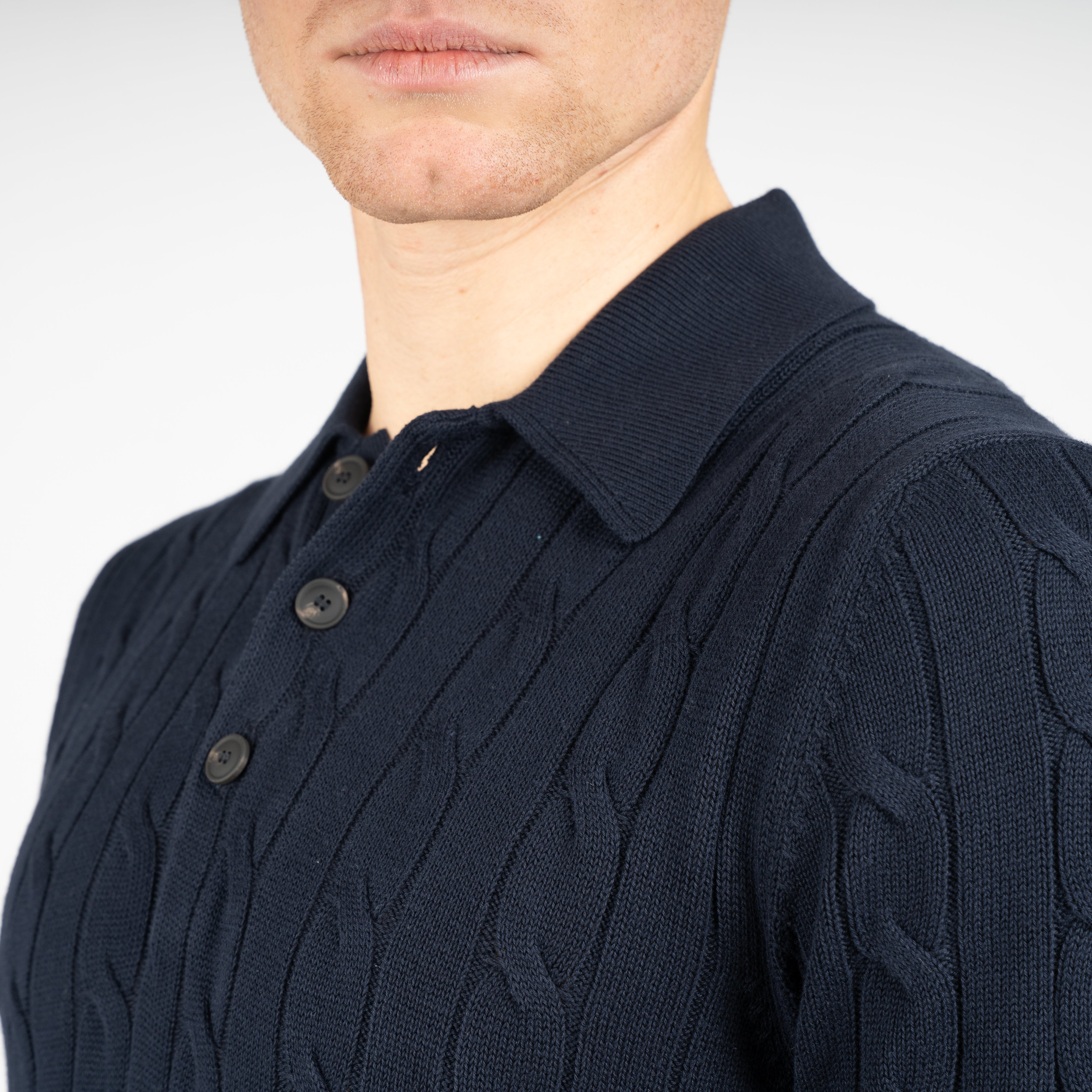 Gran Sasso Gebreide Kabel Polo Donkerblauw | Egyptian Cotton