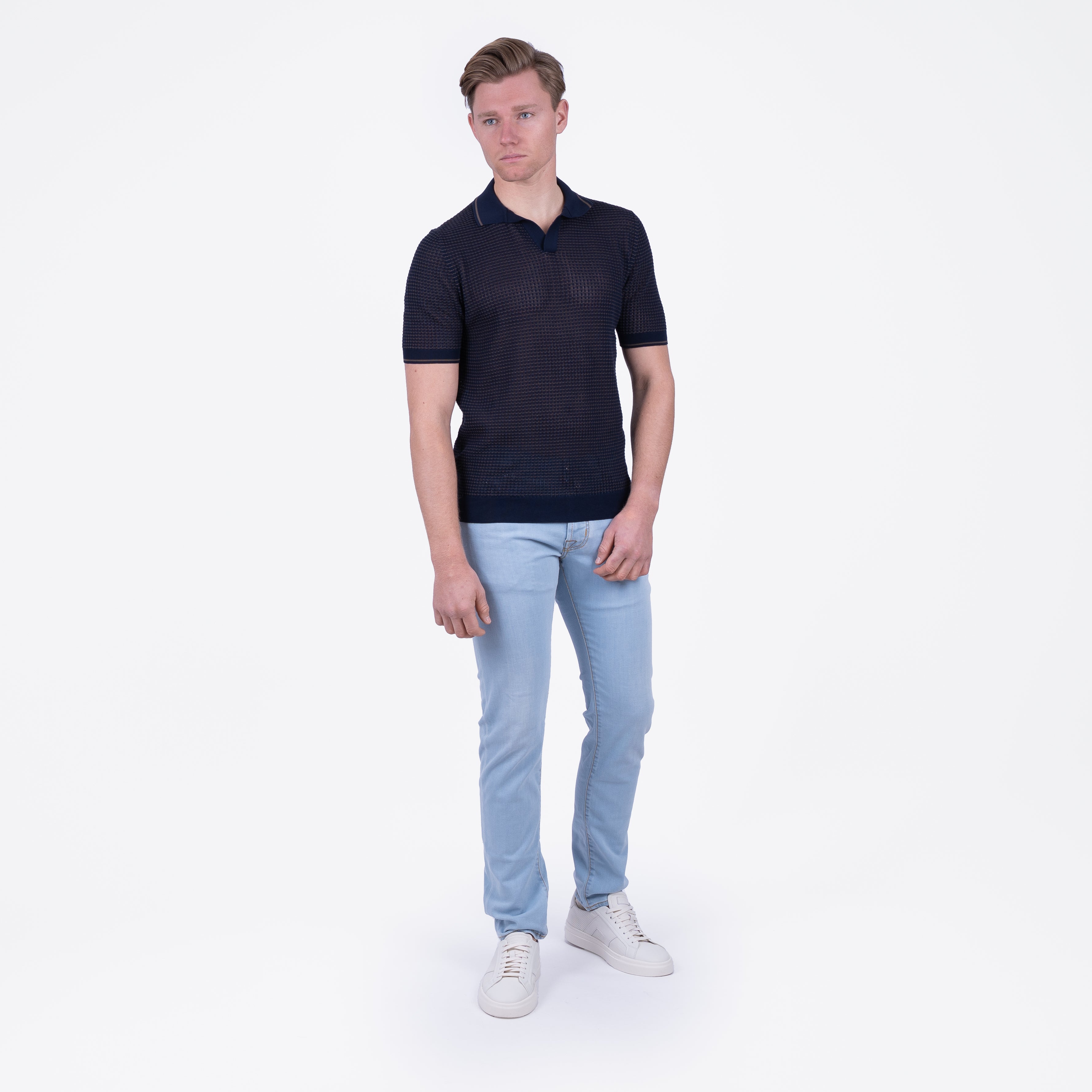 Gran Sasso Buttonless Polo Blauw | Bicolor Fresh Cotton