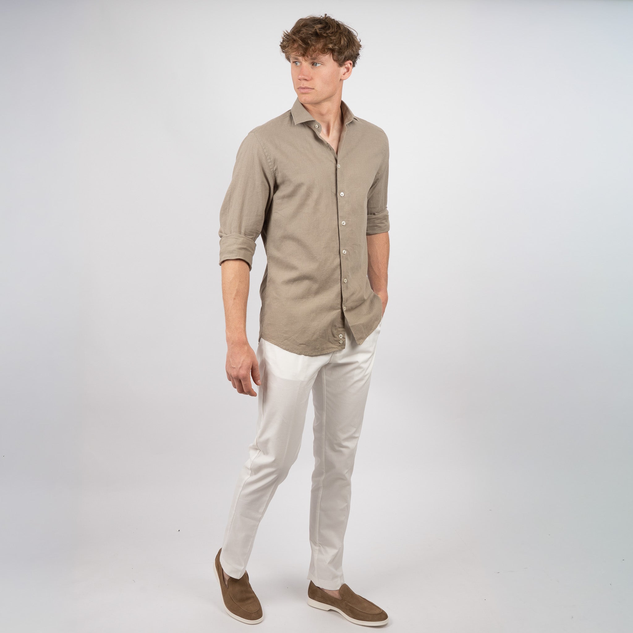 SEVEN DIALS Linnen Overhemd Olijfgroen | Jerred