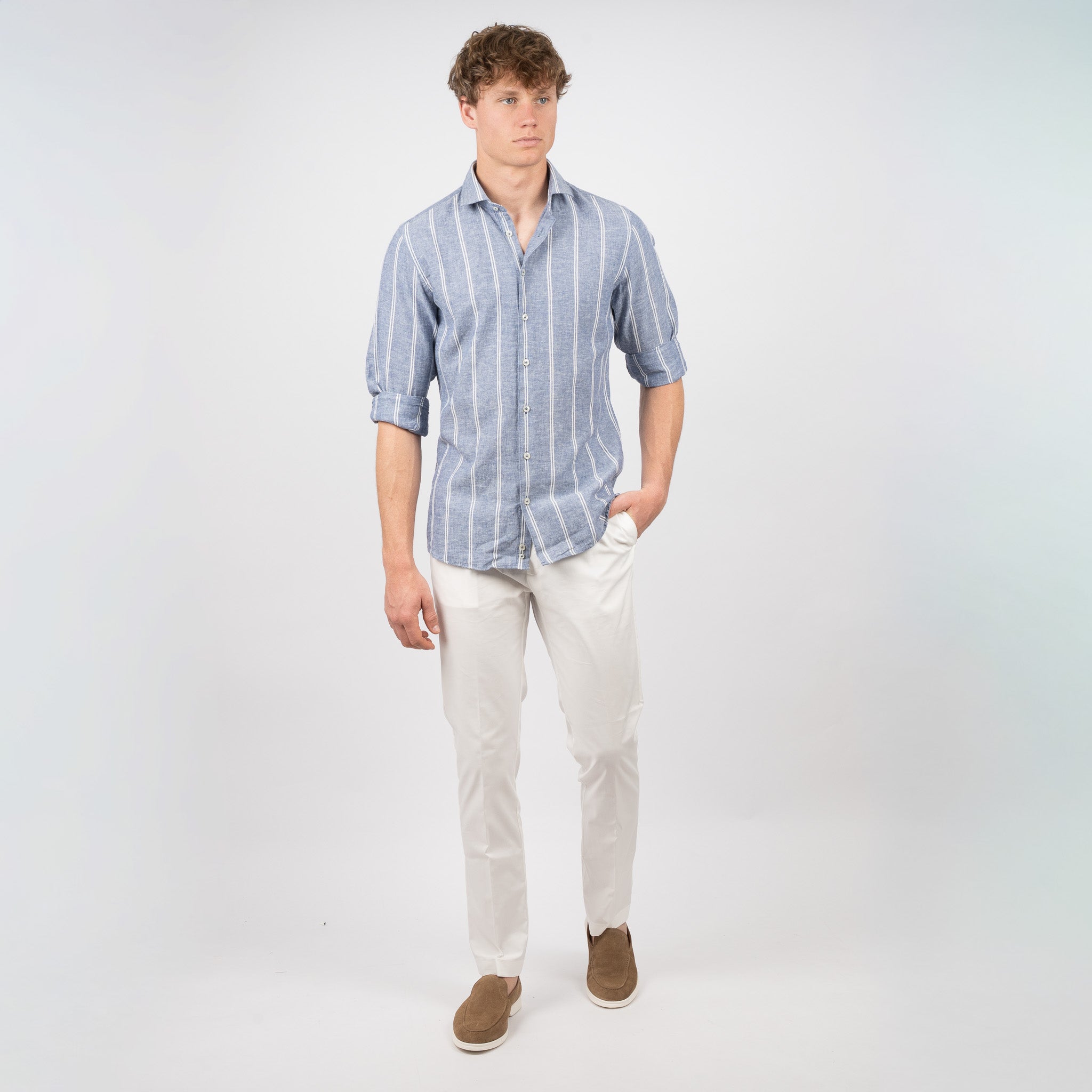 SEVEN DIALS Linnen Overhemd Blauw / Wit Gestreept | Jerred