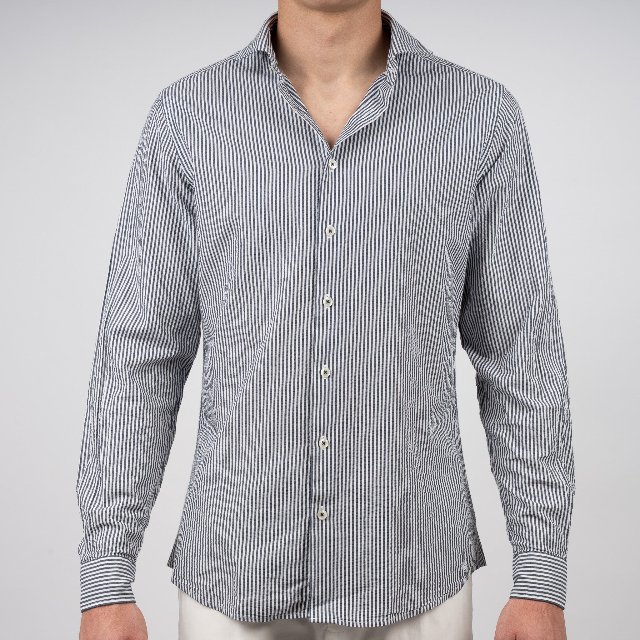 SEVEN DIALS Seersucker Overhemd Blauw Gestreept | Jace