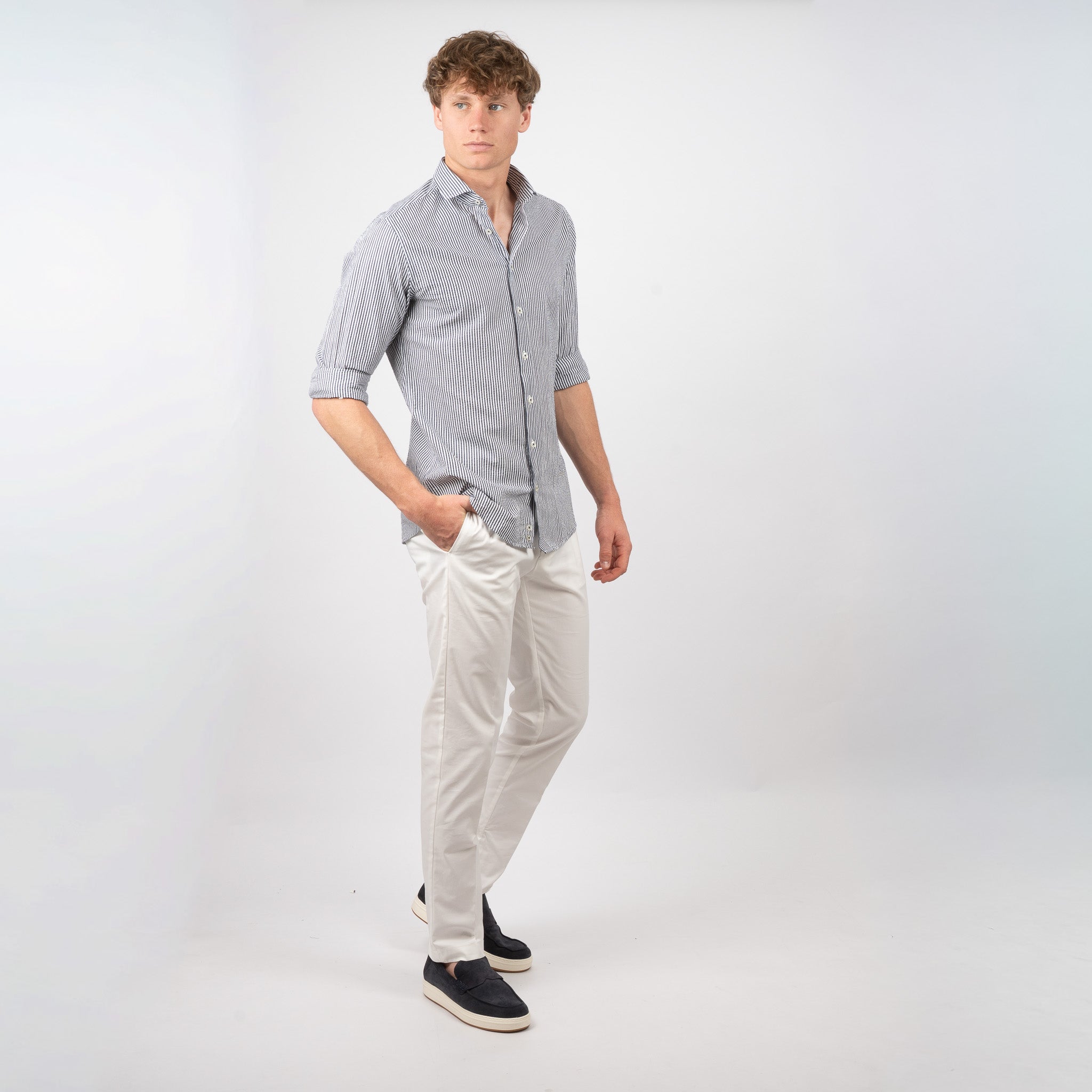 SEVEN DIALS Seersucker Overhemd Blauw Gestreept | Jace