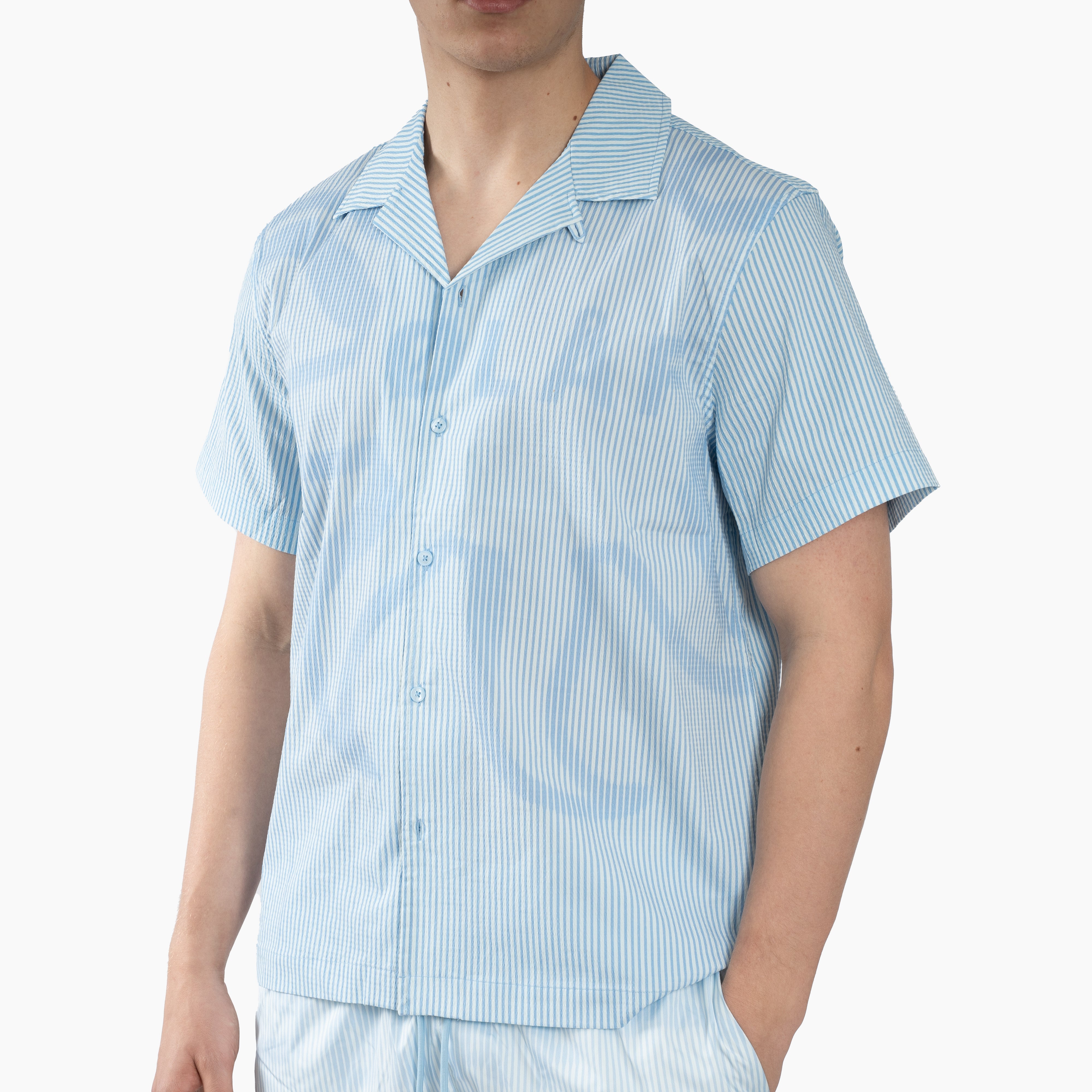 Olaf Korte Mouwen Overhemd Lichtblauw | STRIPE SUN AOP CAMP SHIRT